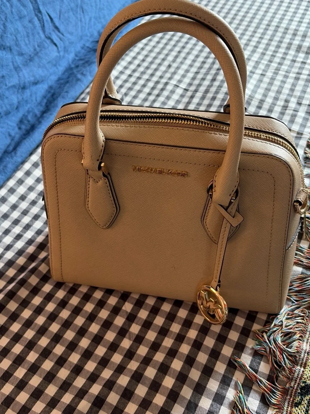 Michael Kors Light Beige Saffiano Satchel with Gold Charm